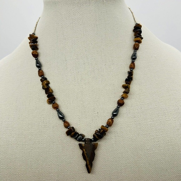 Tigers Eye Arrowhead Necklace Chip Stones Hematite Barrel Clasp 18” - Picture 1 of 4
